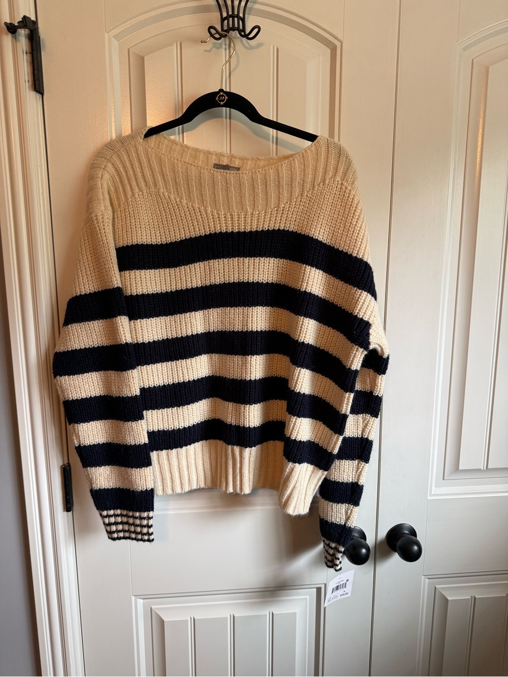 Falls Creek Striped Cream and Navy Boat Neck Rib-Knit Women's Sweater